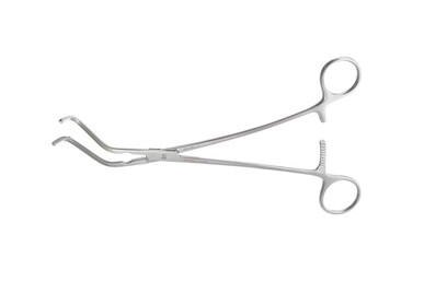 Cleveland Clinic renal clamp, 9 5/8'',large, angled left, atraumatic jaws,  ring handle